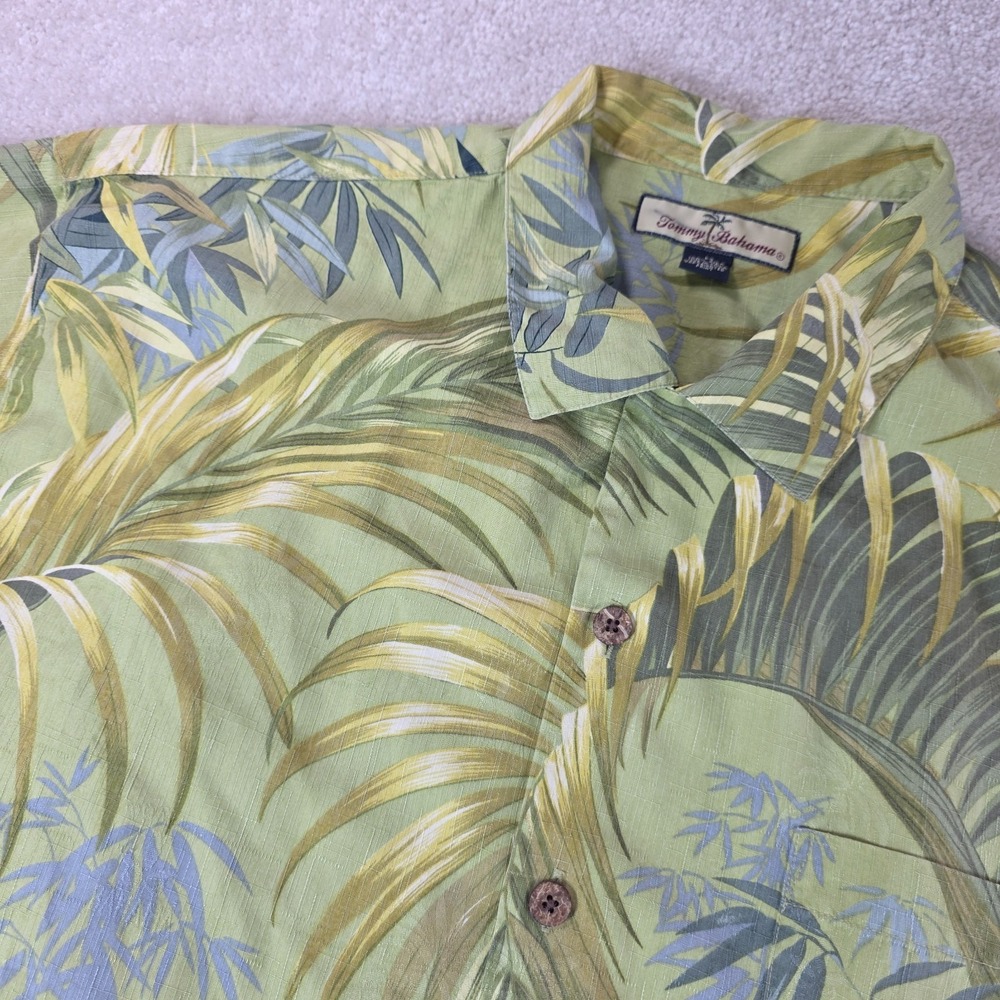 Tommy Bahama Silk Shirt Mens L Green Palm Leaf Print Button-Up Hawaiian Beach